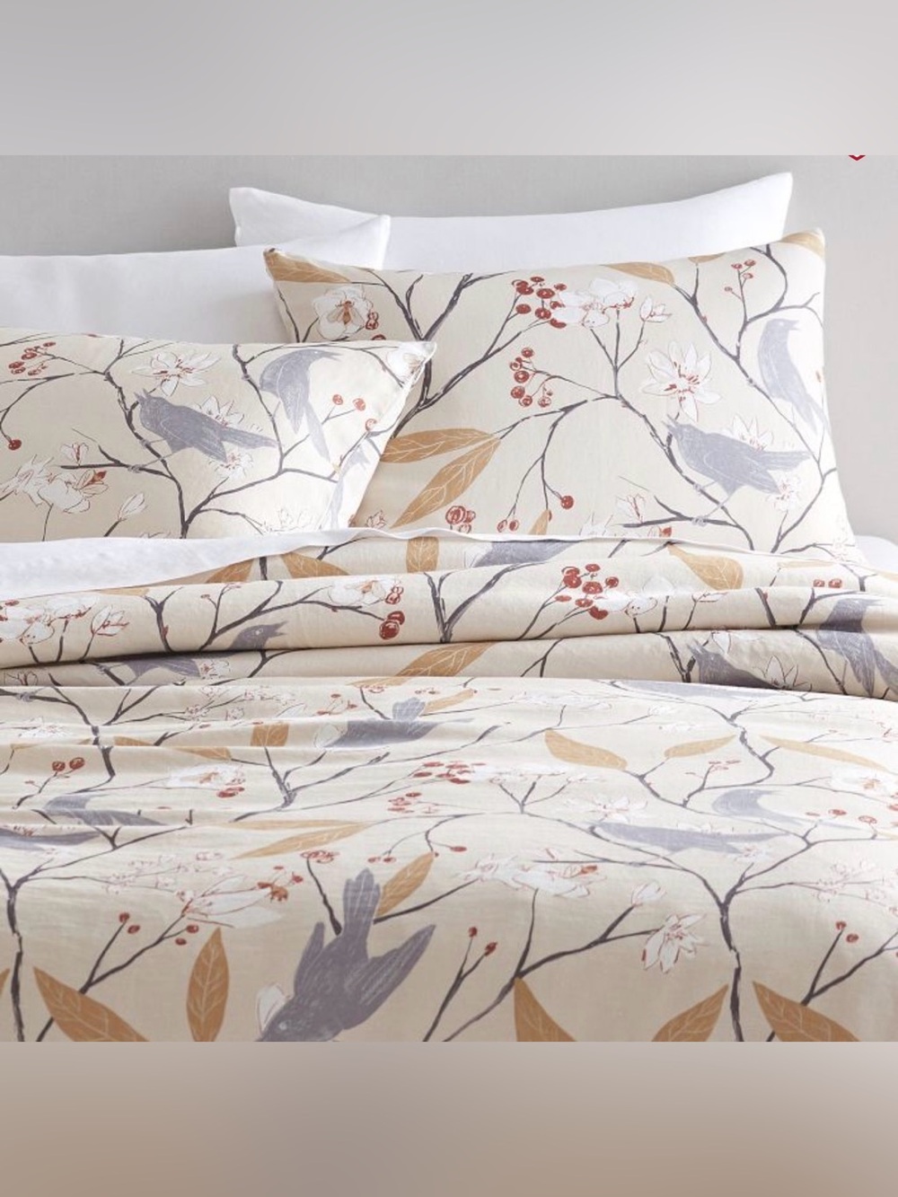 Rejuvenation Floral Bird Print Beige Cotton Sateen king Duvet Cover